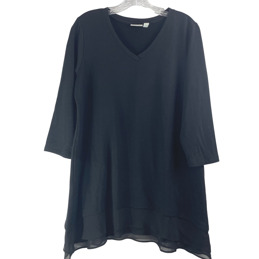 LOGO Lounge by Lori Goldstein Black V-Neck 3/4 Sleeve Chiffon‎ Hem Tunic Medium